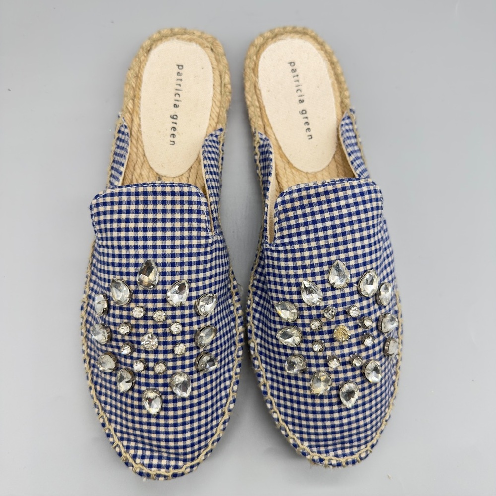Patricia Green Gingham Espadrille Mules Blue White Rhinestone Slides Size 39